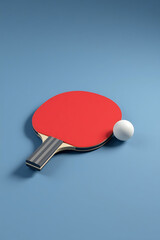 Table Tennis Paddle with Ball on Blue Background, Ping Pong Sports Equipment Minimalist Concept