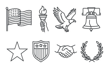 Icons of american symbols: flag, liberty torch, eagle, liberty bell, star, shield, handshake, laurel