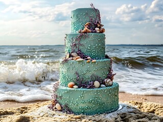 Ocean themed tiered cake on sandy beach with waves crashing