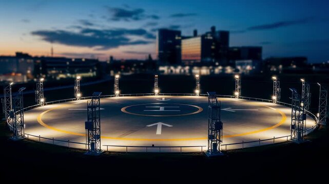 Aerial view of a circular helipad with evenly spaced perimeter lights mounted on sturdy supports ensuring visibility for nighttime helicopter landings.