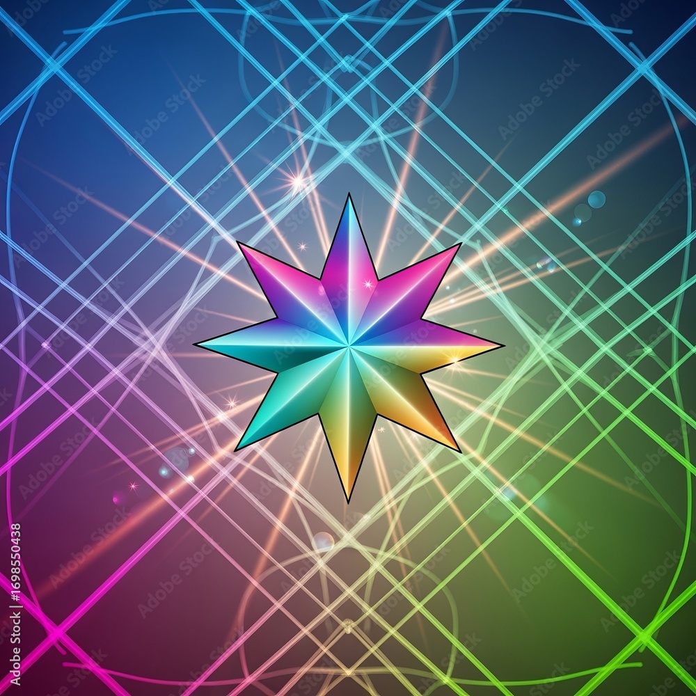 Aufkleber a colorful star with eight points against a background of intersecting lines and light effects