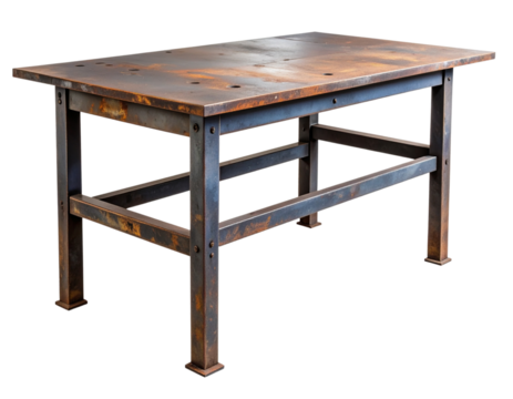 Angled Workshop Metal Table with Visible Weld Seams and Tool Marks, Worn Patina, Isolated