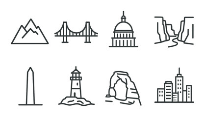 Fototapeta premium Iconic landmarks: mountains, bridge, capitol, canyon, monument, lighthouse, arch, cityscape