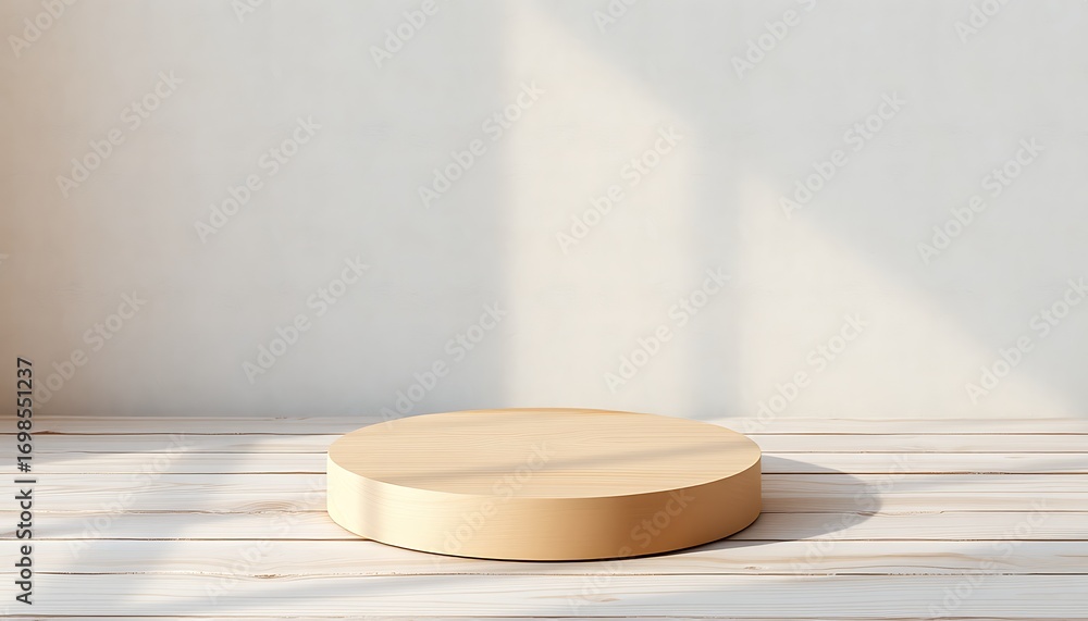 Poster light wood round display stand on white plank table with sunlight shadows empty platform