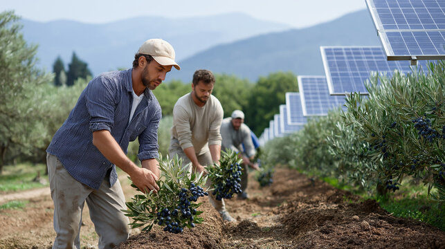 A sustainable olive grove with workers harvesting olives using organic methods, solar panels in the background, ethical farming, sustainable, renewable energy, organic agriculture,