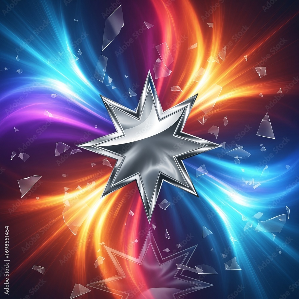 Poster a chrome star with colorful light streaks and shards of glass on a dark gradient background design