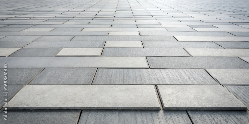 Poster a perspective view of a modern pavement composed of interlocking rectangular stone tiles in shades o