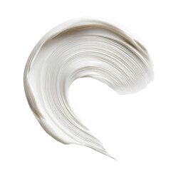 Crescent shaped cosmetic cream streak on transparent backdrop, smooth texture reflecting light,