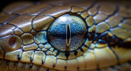 Fototapeta premium Close-up of a snake's eye and intricate scales, showcasing detailed textures and vibrant colors.