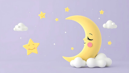 Fototapeta premium Cute Cartoon Crescent Moon with Stars and Clouds on Purple Background — Adorable Night Sky Illustration for Kids