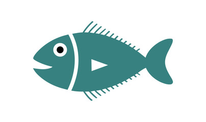 fish on a white background. Cartoon teal fish with play button icon on white background