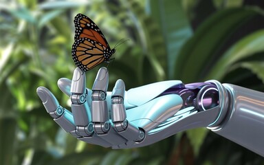 Robot hand holding a monarch butterfly with lush green foliage background