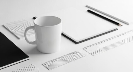 A minimalist presentation of office supplies, featuring a white mug, black notepad, blank notebook, and rulers, all on a bright white background.