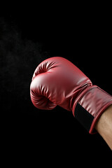 Red Boxing Glove Punch on Black Background, Powerful Sports Action Symbol of Strength, Training, and Competition