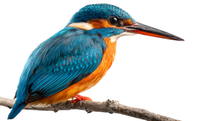 Common kingfisher perched on a branch, isolated on transparent background