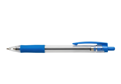 A pristine clear plastic ballpoint pen with a vibrant blue cap and plug, revealing internal blue ink, on a transparent background with subtle shadow, concept of office supplies