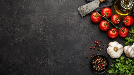 A vibrant arrangement of fresh tomatoes, garlic, herbs, and spices on a dark surface, ideal for cooking and culinary inspiration.