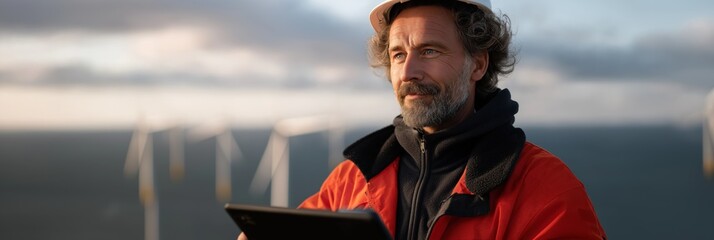 Caucasian male engineer overseeing offshore wind farm operations at sea