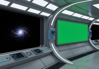 futuristic spaceship interior galaxy view green screen display