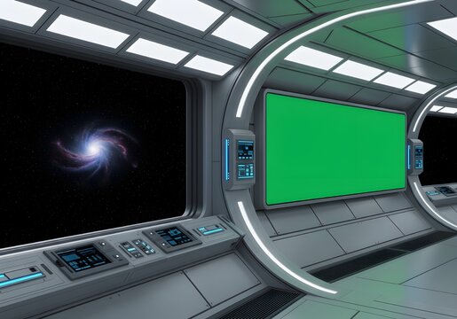 futuristic spaceship interior galaxy view green screen display