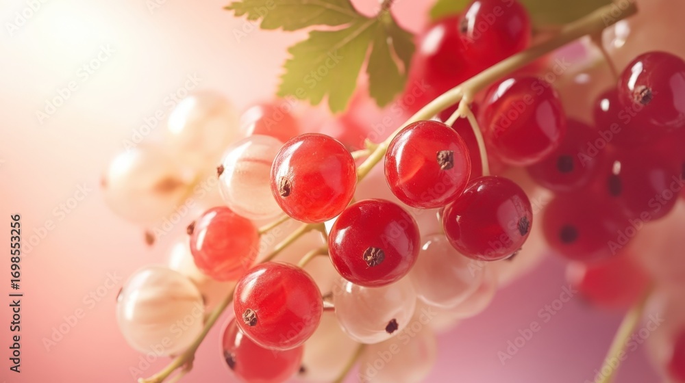 Poster close-up view of red and white currants on a branch.