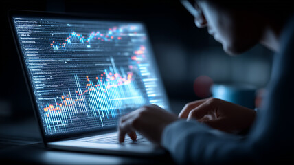 Fototapeta premium Analyst working on a laptop with financial charts, conveying market research risk analysis and data driven trading decisions. 