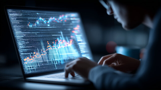 Analyst working on a laptop with financial charts, conveying market research risk analysis and data driven trading decisions.
