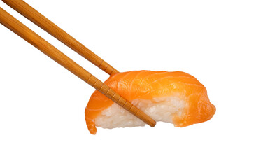 Chopsticks holding salmon nigiri on transparent background