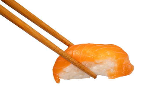 Chopsticks holding salmon nigiri on transparent background