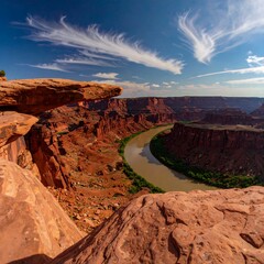 High desert vista; dramatic rock formations overhang a winding river