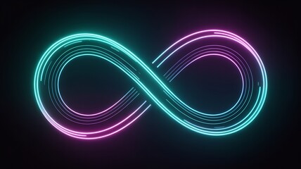 Infinity symbol made of neon light in turquoise and pink colors on a black background