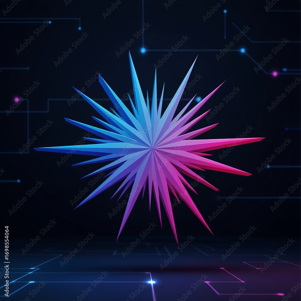 Aufkleber abstract starburst with blue and pink gradients on a dark background with glowing circuit patterns