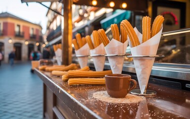 Churros served in paper cones with a small cup of dipping sauce on a wooden counter at a street food stall