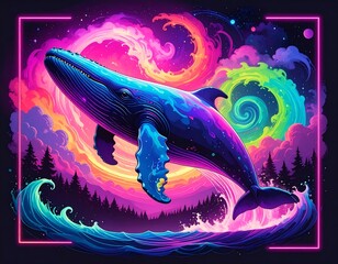 Vibrant whale illustration in a dreamy cosmic landscape within a neon frame