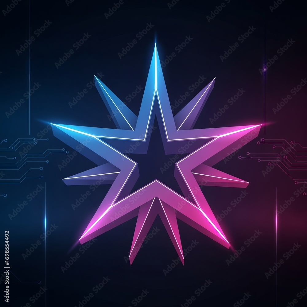 Aufkleber a vibrant star shaped object with neon glowing edges against a dark background with circuit patterns