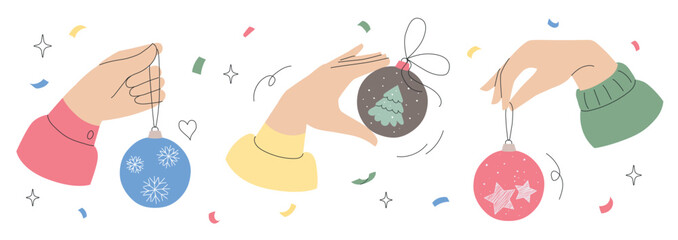 Hand drawn Christmas set of hands holding christmas tree balls with festive confetti around. Perfect for holiday cards, social media posts and winter themed designs.