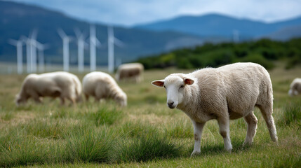 Fototapeta premium A sustainable sheep farm with animals grazing in open fields, powered by renewable energy, ethical farming, sustainable, renewable energy, organic agriculture, eco-friendly.