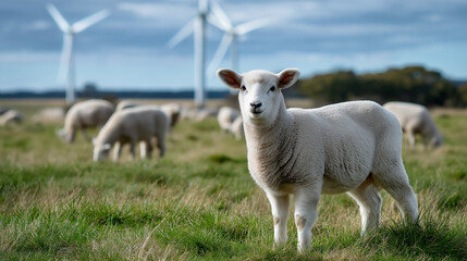 Obraz premium A sustainable sheep farm with animals grazing in open fields, powered by renewable energy, ethical farming, sustainable, renewable energy, organic agriculture, eco-friendly.