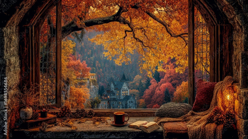 Poster a window with a view of a forest with a castle in the distance. a cup of coffee is on a table next t