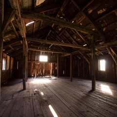 Empty, sun-drenched wooden barn interior
