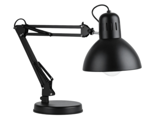 Angled Black Desk Lamp with Illuminated Bulb Casting Light Cone Downward, Side View, Isolated