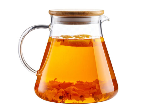  Glass Pitcher of Golden Herbal Tea with Steam and Reflections, Front View, Isolated on Transparent Background - Powered by Adobe
