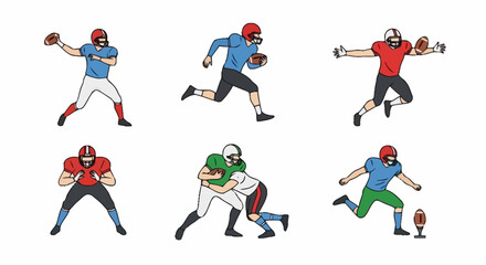 Dynamic American Football Player Illustrations Depicting Various Game Actions for Sports Education and Training Materials