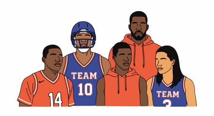 Diverse Team of Athletes and Coach Illustration for Sports Promotion, Teamwork Concepts, and Athletic Achievement in Various Digital and Print Media