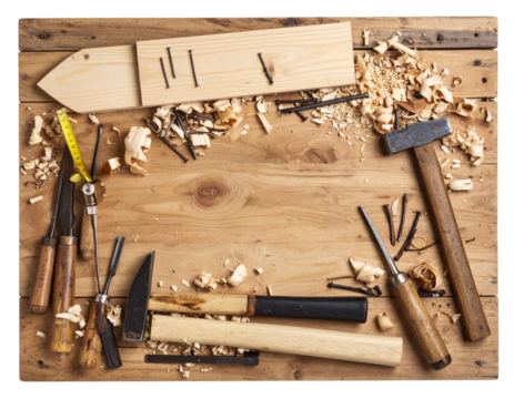  Top-Down View of Weathered Carpentry Workbench with Scattered Tools and Wooden Scraps, Transparent PNG
