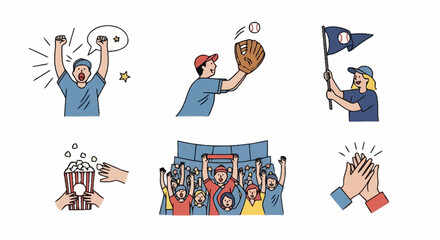 Obraz premium Cheering Baseball Fans Illustration Set for Sports Event Promotion and Fan Engagement Activities, Suitable for Animated Videos and Informational Graphics