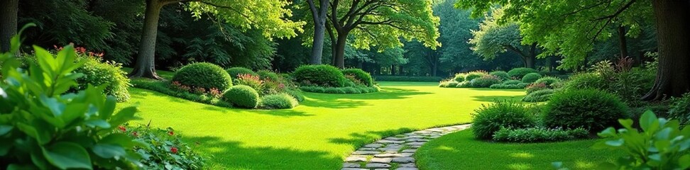 Serene landscape design featuring lush greenery, winding pathways, and meticulously manicured lawns A tranquil oasis perfect for relaxation and outdoor enjoyment , nature, green space, idyllic