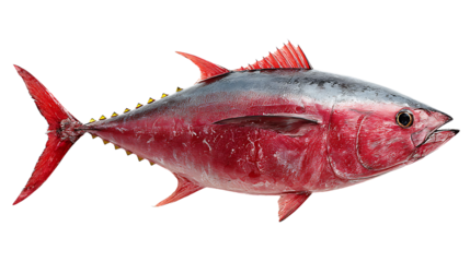 Freshly caught tuna fish with red fins isolated on transparent background