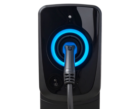  Modern EV Charger Station with Blue LED Ring, Front View, Isolated on Transparent Background