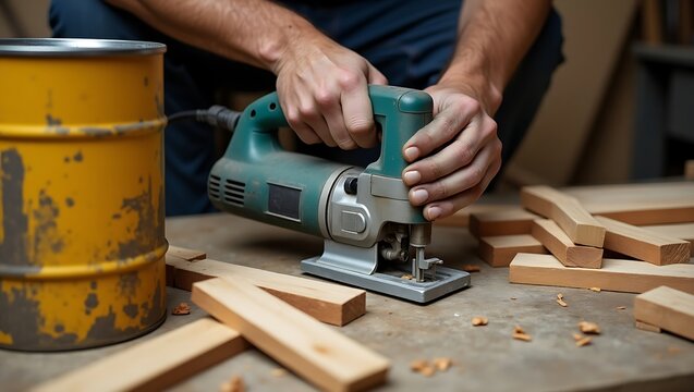 Carpenter using electric jigsaw to cut wood, showcasing craftsmanship and woodworking skills
